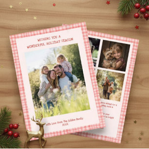 Cartão De Festividades Chic Gingham Natal Vermelho Cor-de-Rosa Personaliz