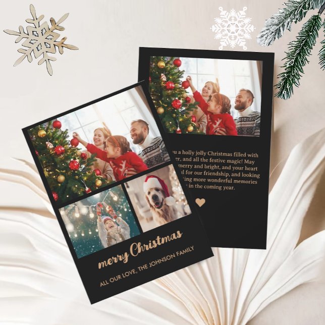Cartão De Festividades Chic Gold Foil Black - Colagem de Fotos Preta Carr (Modern Gold Foil Black Photo Collage Christmas Car Holiday Card)