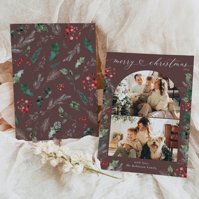 Cartão De Festividades Chic Heart Script 2 Photo Merry Christmas Card (Criador carregado)