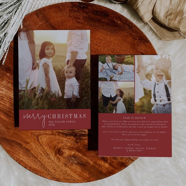 Cartão De Festividades Chic Moderno | Ano de Foto do Natal Vermelho em Re (Criador carregado)