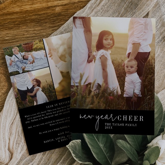 Cartão De Festividades Chic Moderno | Ano de Fotografia de Ano Novo Negro (Criador carregado)