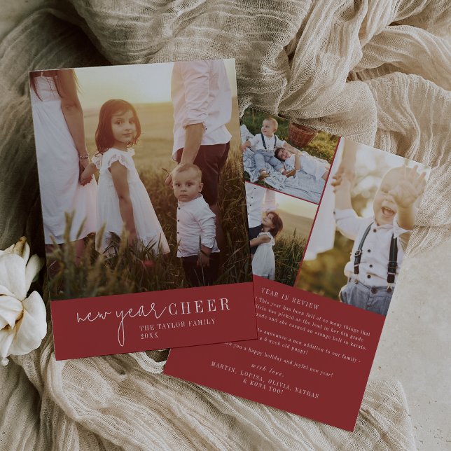 Cartão De Festividades Chic Moderno | Ano-Fotografia Vermelho Ano Novo em (Criador carregado)