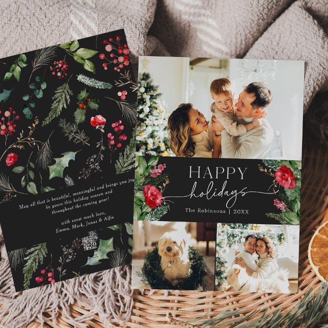 Cartão De Festividades Chic Moderno Botânico de Inverno Cinza Escuro 3 Fo (Criador carregado)