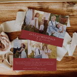 Cartão De Festividades Chic Moderno | Red Photo Collage Notícias de Natal<br><div class="desc">Este moderno cartão de Natal de colagem de fotos em vermelho-chic é o cartões de natal perfeito. Esta simples design boho apresenta caligrafia sofisticada clássica em vermelho e branco rústicos tradicionais. Personalize o cartão com 5 fotos (2 na frente e 3 na parte traseira), seu nome de família, nomes e...</div>