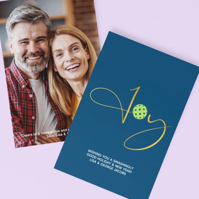 Cartão De Festividades Chic Pickleball "Joy" Foto de Natal Azul (Criador carregado)