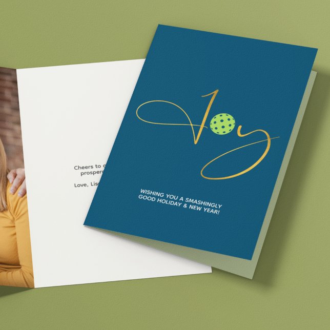 Cartão De Festividades Chic Pickleball "Joy" Foto de Natal Azul (Criador carregado)