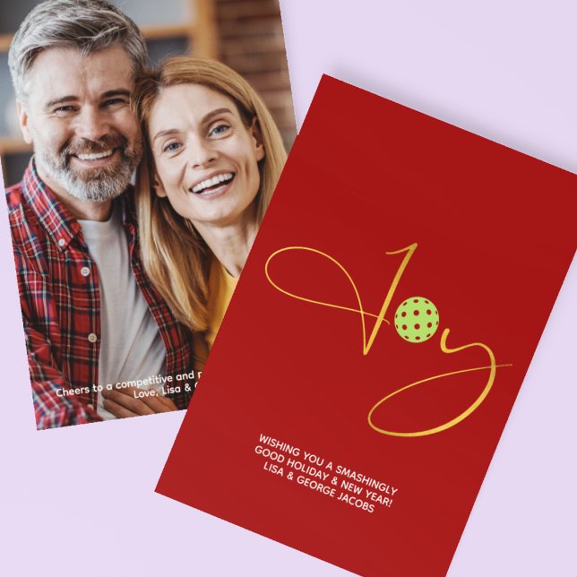 Cartão De Festividades Chic Pickleball "Joy" Foto de Natal Vermelho (Criador carregado)