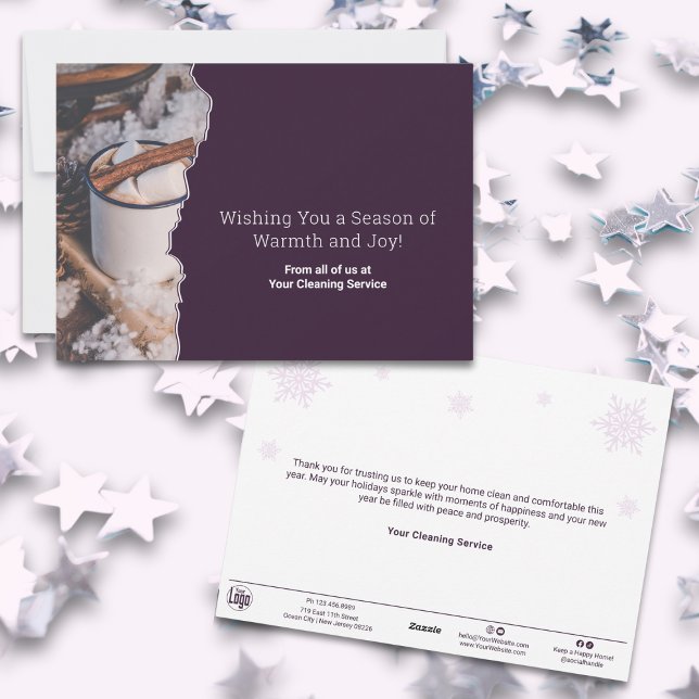 Cartão De Festividades Chic Purple & White Christmas Spirit Business  (Chic Purple & White Christmas Spirit Business Holiday Card, 5x7 Inch Landscape Format )