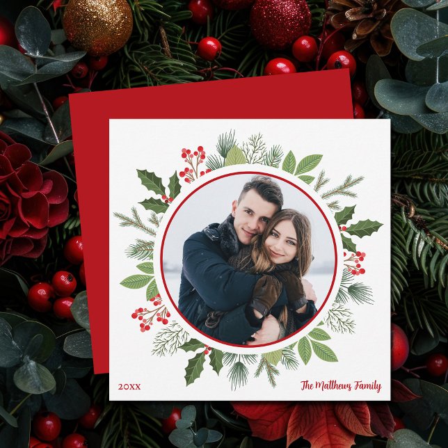 Cartão De Festividades Chic Red Holly Berry Leaf Christmas Wreath Photo (Criador carregado)