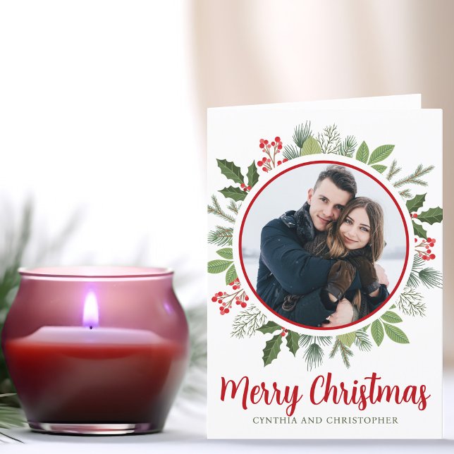 Cartão De Festividades Chic Red Holly Christmas Wreath Photo Dobrado (Criador carregado)