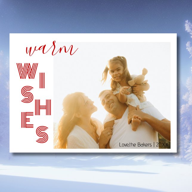 Cartão De Festividades Chic Red Warm Wishes Two Beach Family Photo  (Criador carregado)