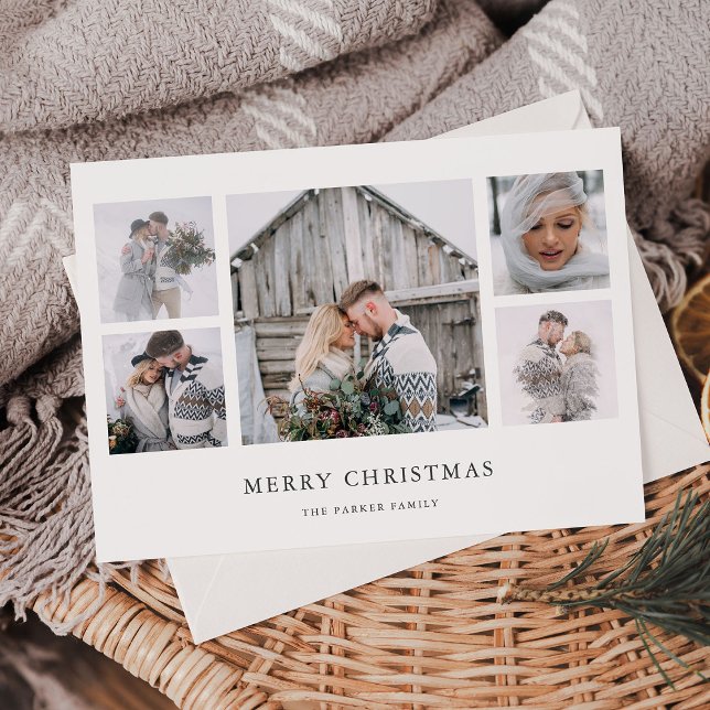 Cartão De Festividades Chic Russo | Grade Mínima Simples de Fotos de Nata (A simple and elegant Christmas card with plenty of space to show off your favorite photos)