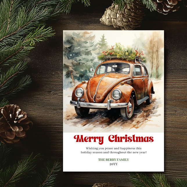 Cartão De Festividades Chic rustic Christmas scene red car card style (Chic rustic Christmas scene red car card style)