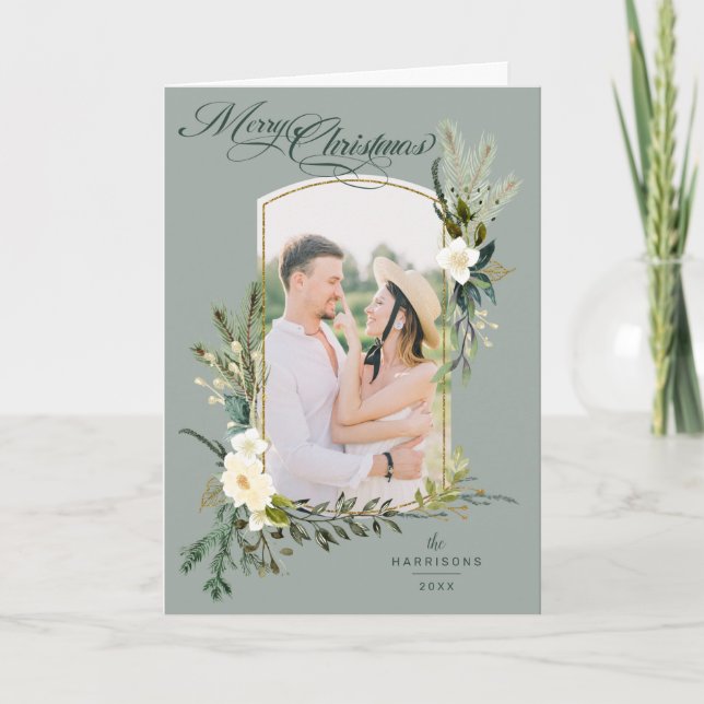 Cartão De Festividades Chic Sage Christmas Botanical w/Dourada Arch Photo (Frente)