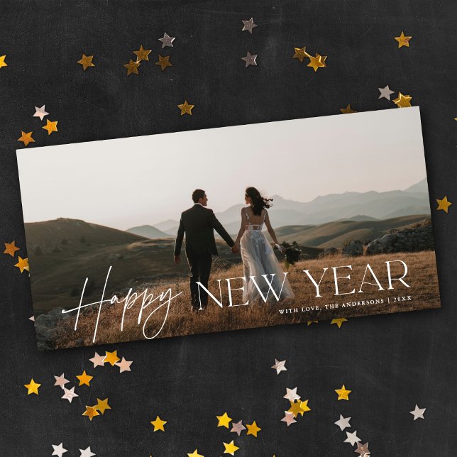 Cartão De Festividades Chic Script Panoramic New Year Holiday Photo Card (Criador carregado)