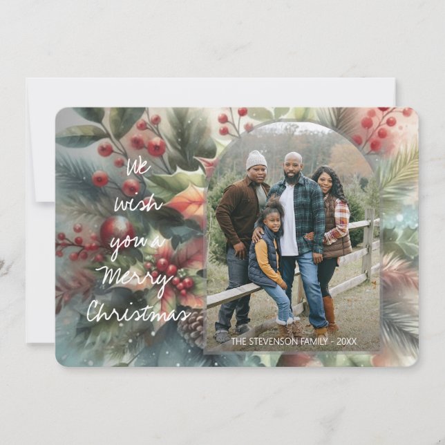 Cartão De Festividades Chic Trendy Red Floral Berries Holiday Wreath (Frente)