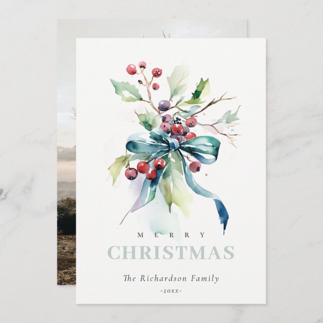 Cartão De Festividades Chic Watercolor Winter Berries Foto de Natal (Frente/Verso)