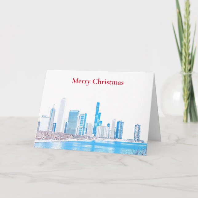 Cartão De Festividades Chicago Skyline Merry Christmas Holiday Card (Frente)