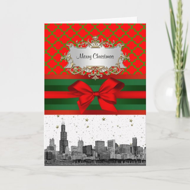 Cartão De Festividades Chicago Skyline Red Green Quatrefoil Xmas (Frente)