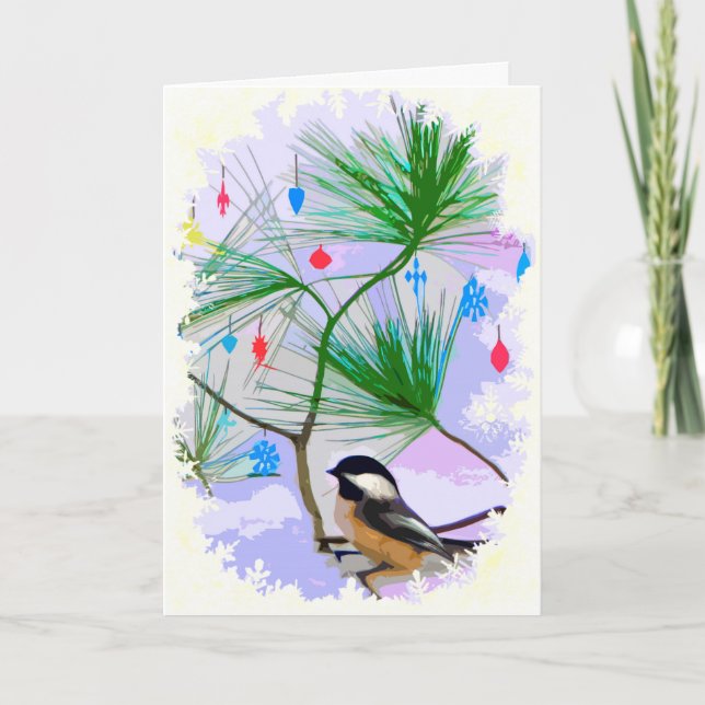 Cartão De Festividades Chickadee Bird in Christmas Tree Card (Frente)