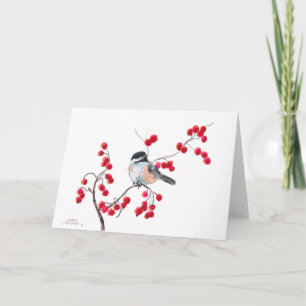 Cartão De Festividades CHICKADEE & RED BERRIES por SHARON SHARPE