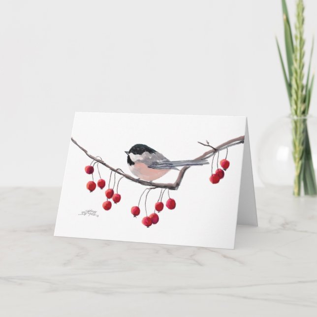 Cartão De Festividades CHICKADEE & RED BERRIES por SHARON SHARPE (Frente)
