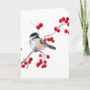 Cartão De Festividades CHICKADEE & RED BERRIES por SHARON SHARPE