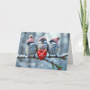 Cartão De Festividades Chickadees do Dia dos Namorados Com Coração Vermel