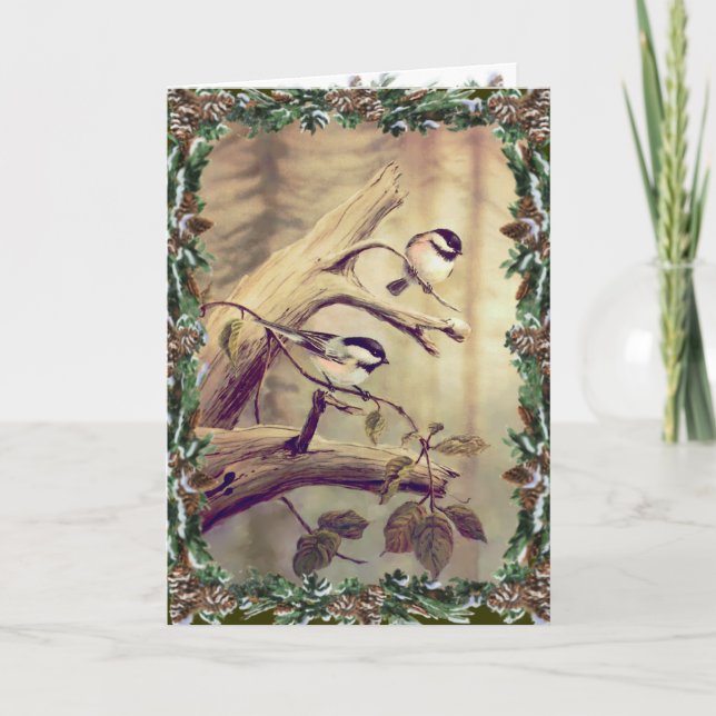 Cartão De Festividades CHICKADEES & WREATH de SHARON SHARPE (Frente)