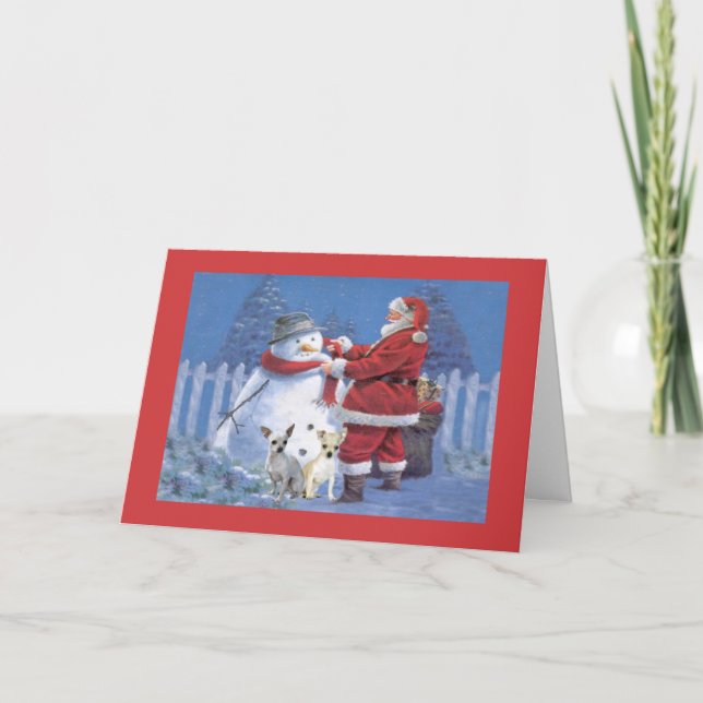 Cartão De Festividades Chihuahua Christmas Card Santa and Snowman (Frente)