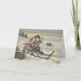 Cartão De Festividades Children Sledding Christmas Tree Snow Winter