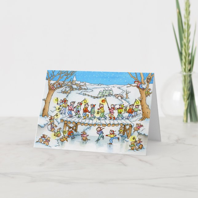 Cartão De Festividades Children Snow Procession Christmas Greeting Card (Frente)
