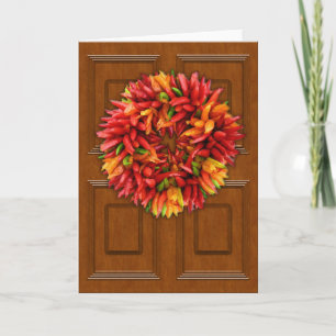 Cartão De Festividades Chili Wreath on Wood Door