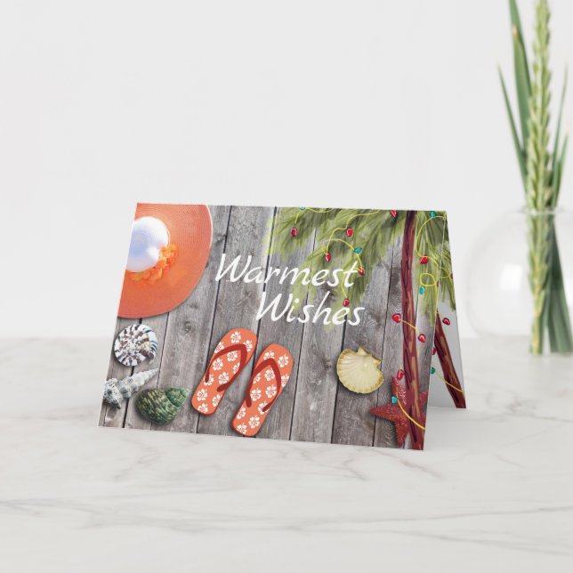 Cartão De Festividades Chinelos, Palm Tree, Natal Lights Beach (Frente)