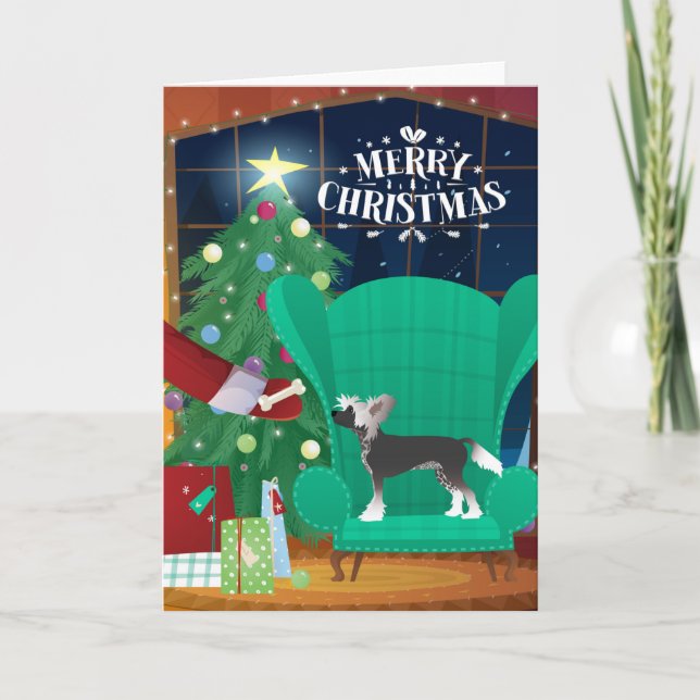 Cartão De Festividades Chinese Crested Christmas Santa's Gift Holiday (Frente)