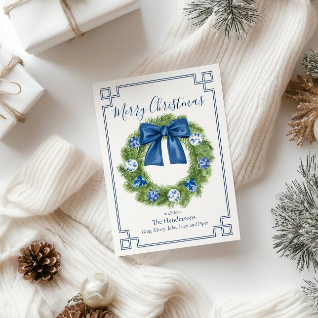 Cartão De Festividades Chinoiserie Blue e White Wreath (chinoiserie wreath christmas greeting card
)