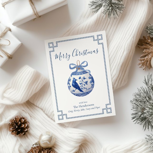 Cartão De Festividades Chinoiserie Blue Ornament com Arco (Chinoiserie Christmas Ornament card)