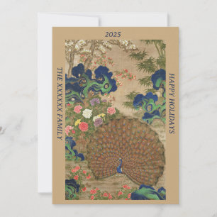 Cartão De Festividades Chinoiserie Pavão Azul com Jardim de Flores Exótic