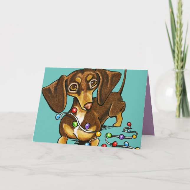 Cartão De Festividades Chocolate Dachshund Luzes de Natal Teto (Frente)