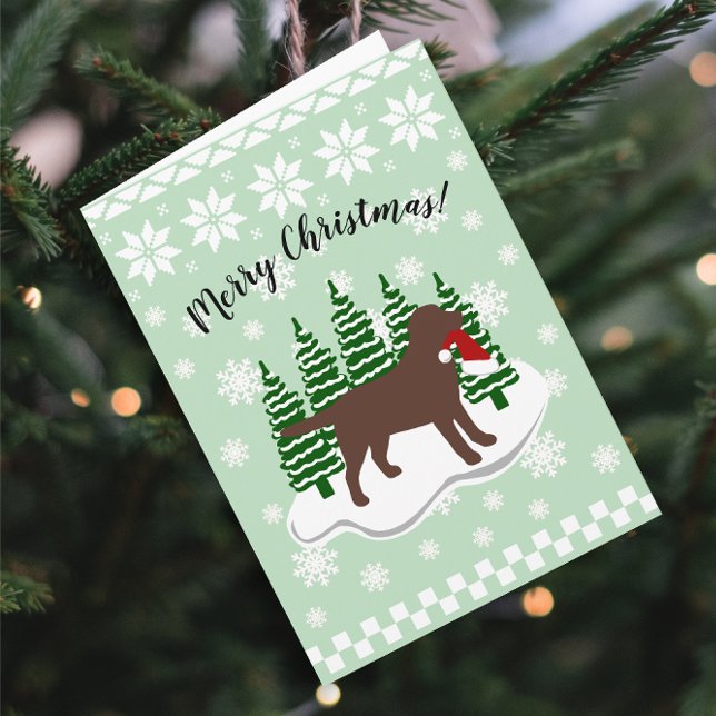 Cartão De Festividades Chocolate Labrador Natal Evergreen Flocos de Neve (Chocolate Labrador Evergreen Snowflakes Design Christmas Cards for Labrador Owners.  Silhouette.)