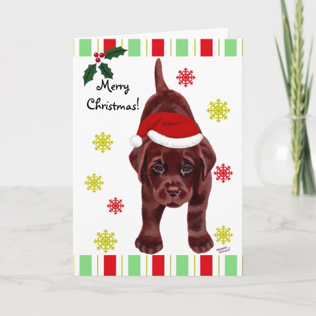 Cartão De Festividades Chocolate Labrador Puppy e Papai Noel Natal (Frente)