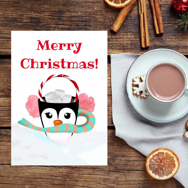 Cartão De Festividades Chocolate Quente Feliz Natal Pengüim Kawaii (A sweet yummy Christmas Hot Chocolate card for kids!)
