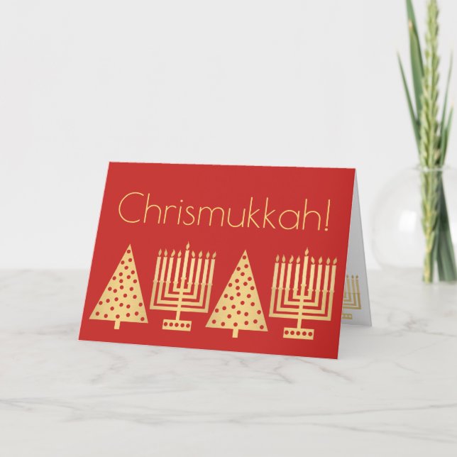 Cartão De Festividades Chrismukkah Dourado E Feriado Vermelho Adicionam S (Frente)