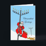 Cartão De Festividades Chrismukkah, Interfaith Holiday, Santa and Menorah<br><div class="desc">Chrismukkah Greetings! A Santa Claus climbs up a menorah in the shape of a light pole / streetlight. His gift bag is filled with gelt and dreidels. Some of the gelt has fallen out onto the snow. Celebrate Hanukkah and Christmas with this interfaith greeting card. Santa element courtesy of JohnnyAutomatic/Openclipart....</div>