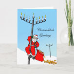 Cartão De Festividades Chrismukkah, Interfaith Holiday, Santa and Menorah<br><div class="desc">Chrismukkah Greetings! A Santa Claus climbs up a menorah in the shape of a light pole / streetlight. His gift bag is filled with gelt and dreidels. Some of the gelt has fallen out onto the snow. Celebrate Hanukkah and Christmas with this interfaith greeting card. Santa element courtesy of JohnnyAutomatic/Openclipart....</div>