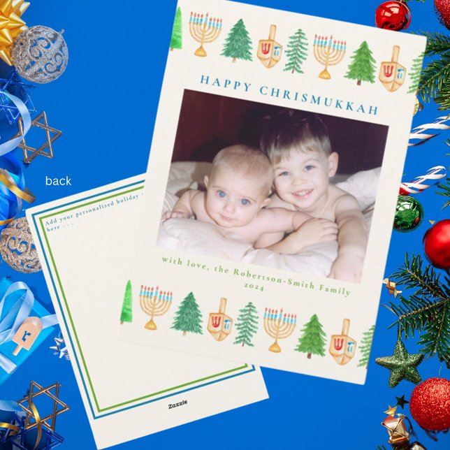 Cartão De Festividades Chrismukkah Photo Holiday Message 5x7 Holiday Card (Criador carregado)