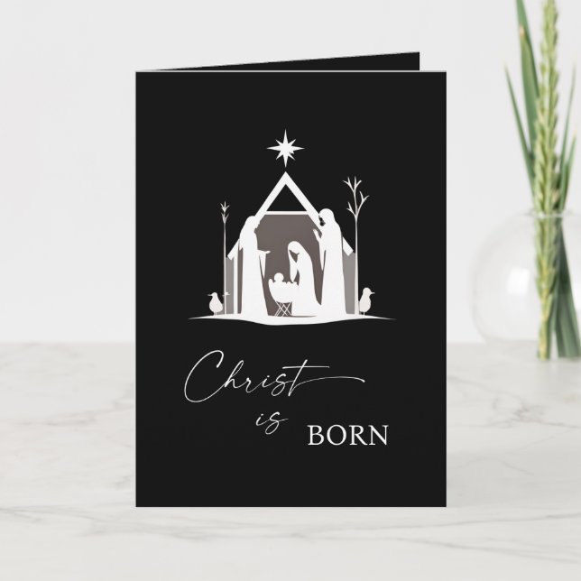 Cartão De Festividades Christ is Born White Nativity Black Christmas II (Frente)