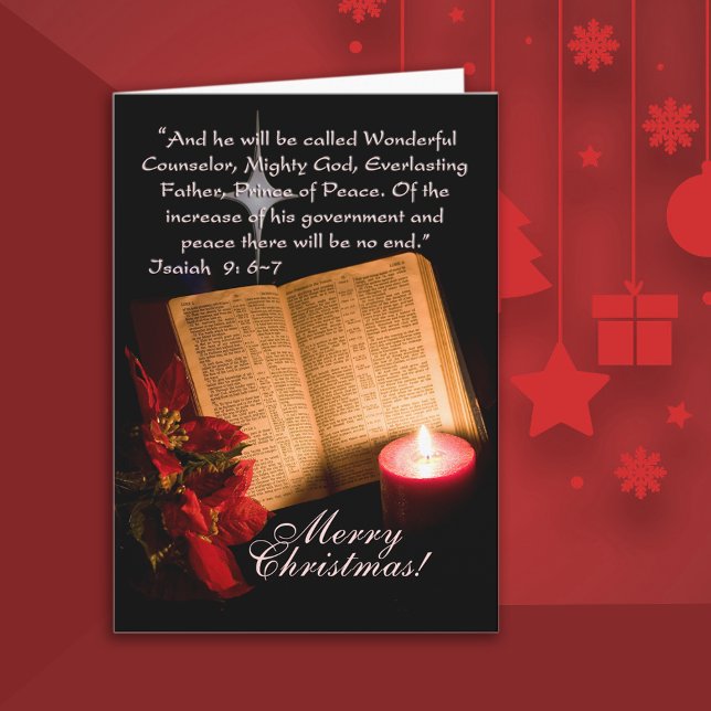 Cartão De Festividades Christian Candelight Natal (Beautiful Christmas card with a Bible, poinsettia and candle with Scripture verse.)