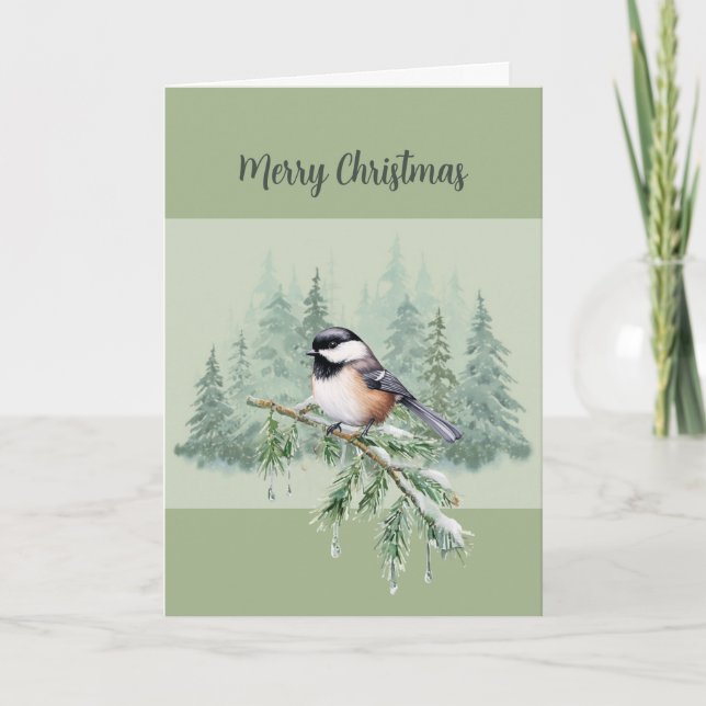Cartão De Festividades Christian Christmas Winter Spruce Tree Chickadee (Frente)