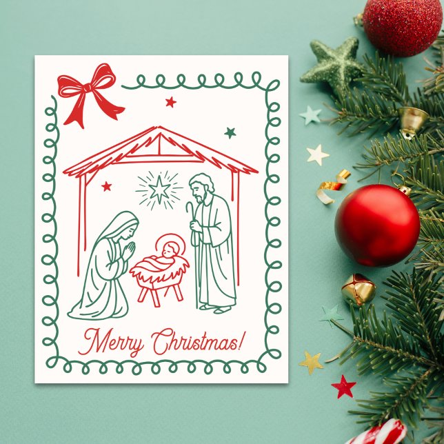 Cartão De Festividades Christian Nativity Scene Religious Christmas (A simple, faith-forward Christmas design featuring red & green line-art of the nativity scene)